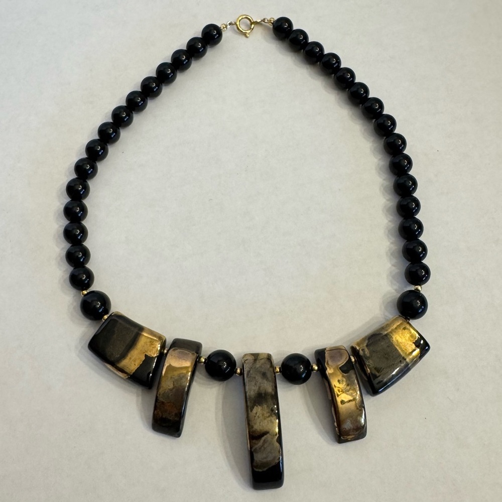 Vintage MCM Made in Japan Black Glass Gold Dye Chunky Beaded Statement Necklace